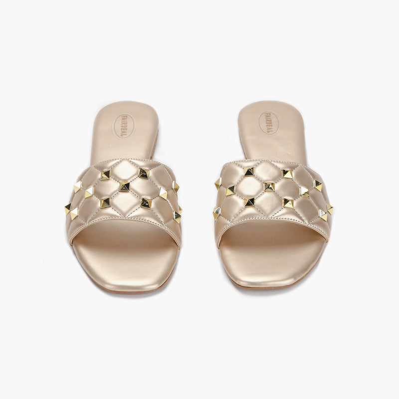 Quilted Studded Slides gold front angle