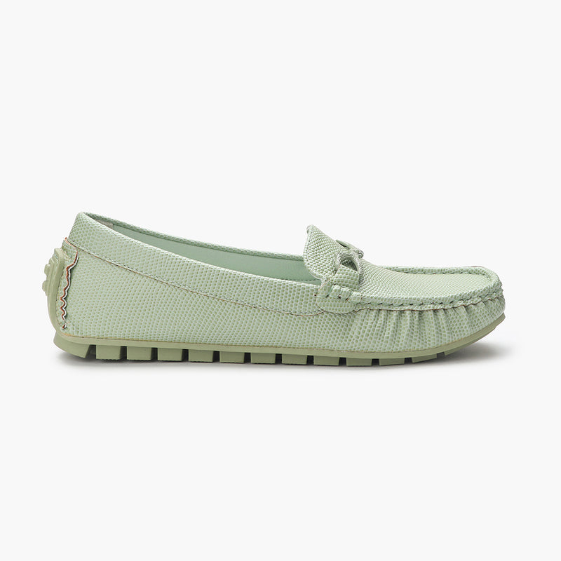 Snake Textured Buckle Accented Loafers sea green side profile