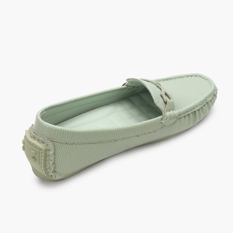 Snake Textured Buckle Accented Loafers sea green back