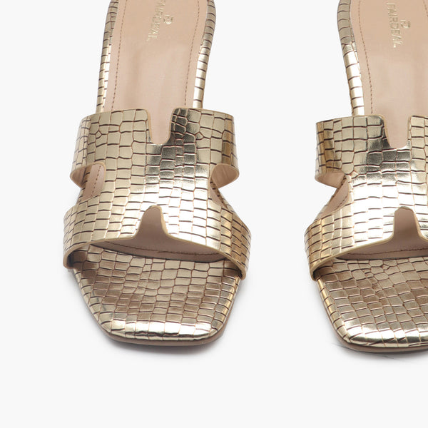 Symmetrical Strap Croc Print Heels gold  front