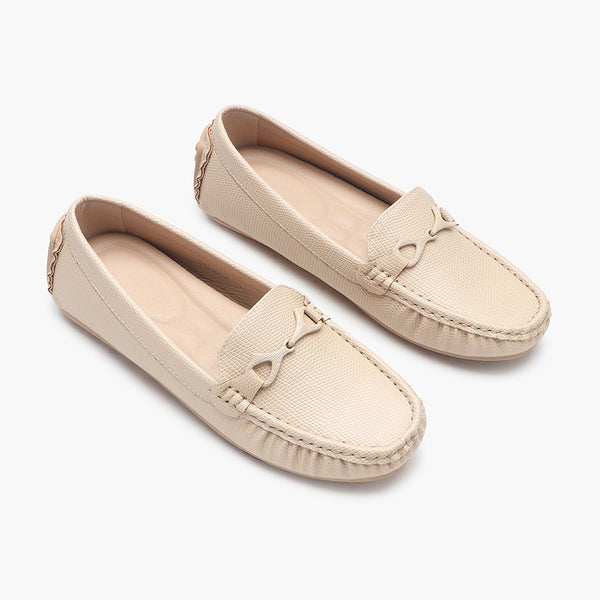 Snake Textured Buckle Accented Loafers beige side angle