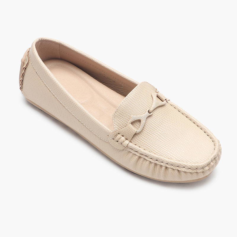 Snake Textured Buckle Accented Loafers beige side single