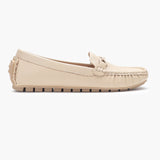 Snake Textured Buckle Accented Loafers beige side profie