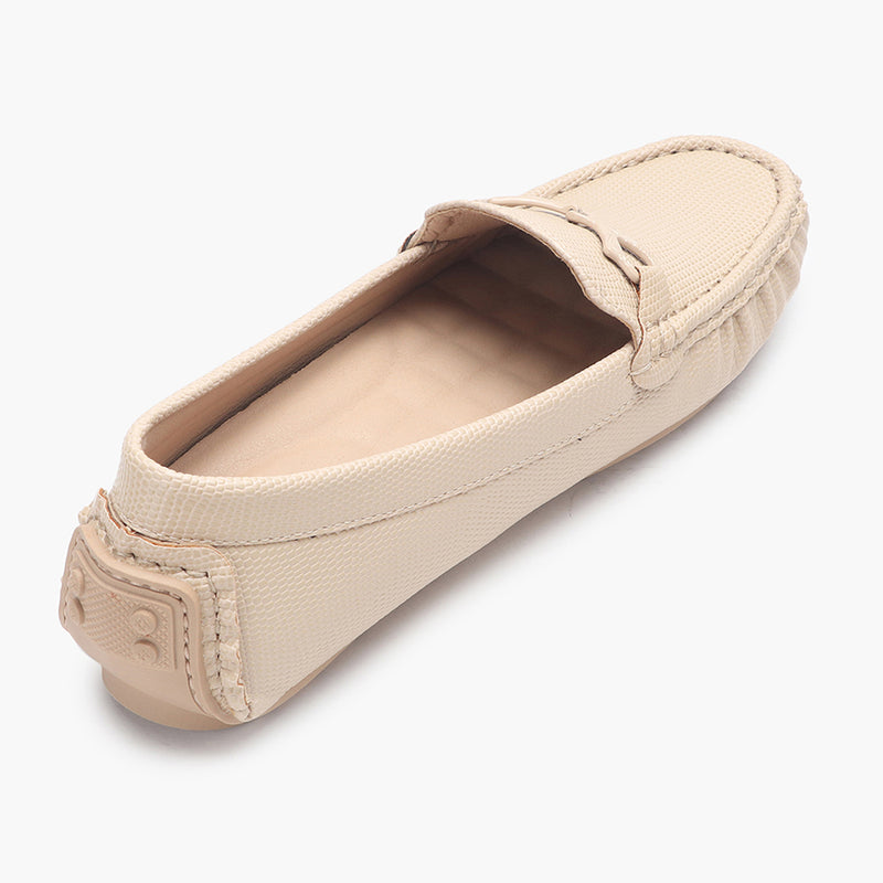 Snake Textured Buckle Accented Loafers beige back