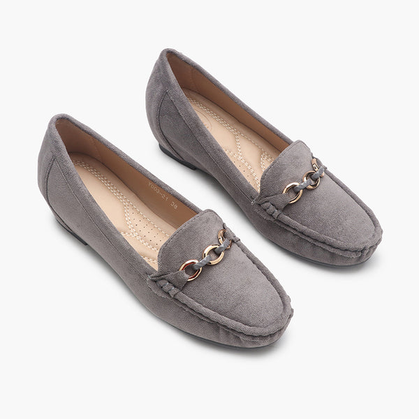 Buckle Accented Suede Heeled Loafers grey side angle