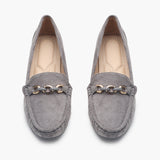 Buckle Accented Suede Heeled Loafers grey front angle