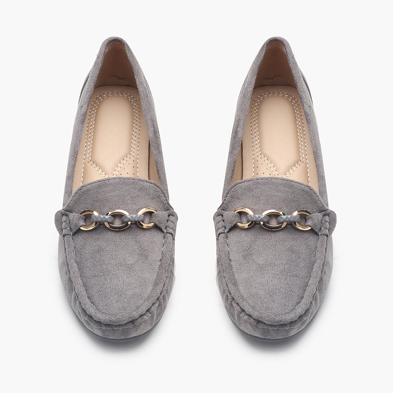 Buckle Accented Suede Heeled Loafers grey front angle