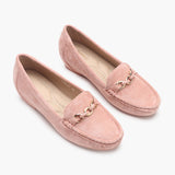 Buckle Accented Suede Heeled Loafers pink side angle