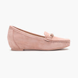 Buckle Accented Suede Heeled Loafers pink side profile