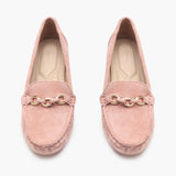 Buckle Accented Suede Heeled Loafers pink front angle