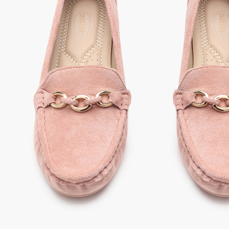 Buckle Accented Suede Heeled Loafers pink front zoom