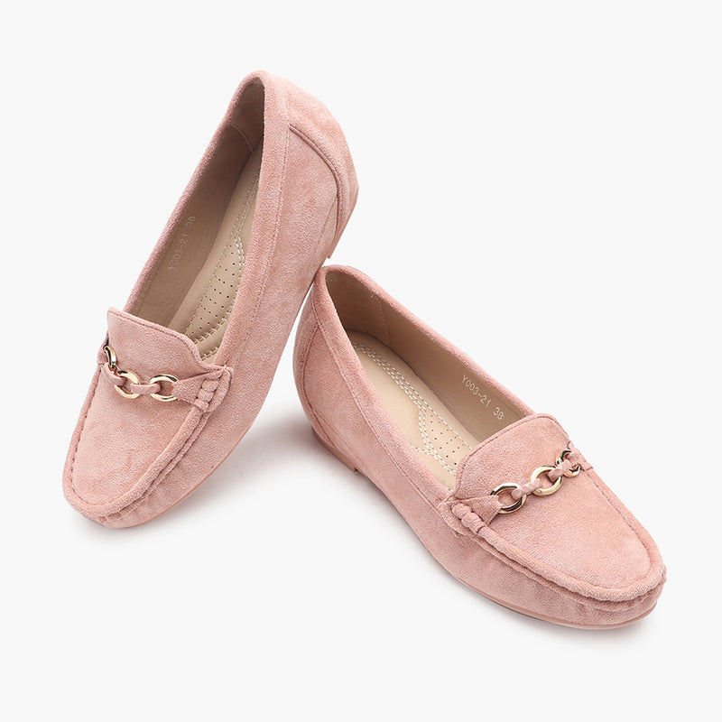 Buckle Accented Suede Heeled Loafers pink