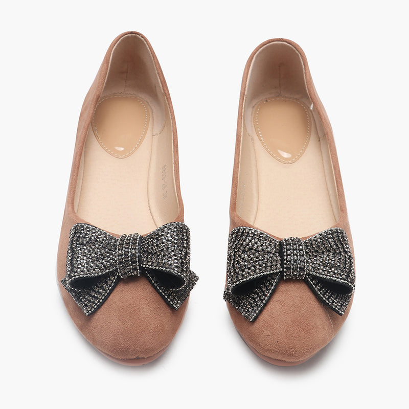Embellished Bow Ballerinas beige front angle