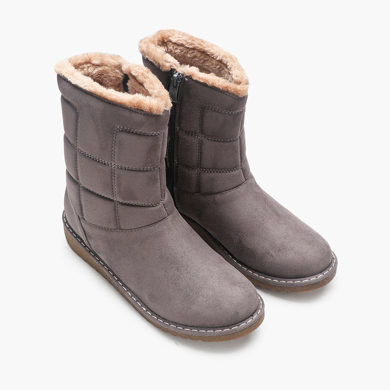 Fur Top Zipper Suede Boots grey side angle