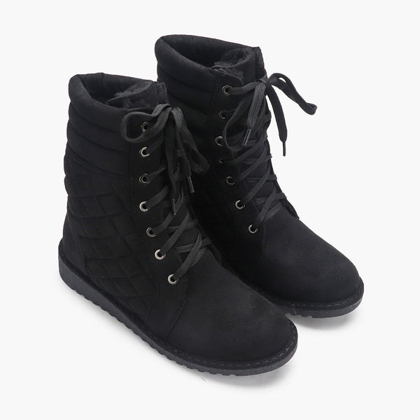 Quilted Lace Up Suede Boots black side angle
