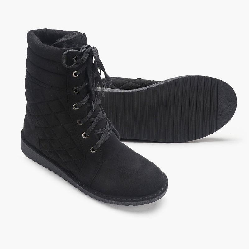 Quilted Lace Up Suede Boots black side and sole