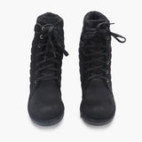 Quilted Lace Up Suede Boots black front angle