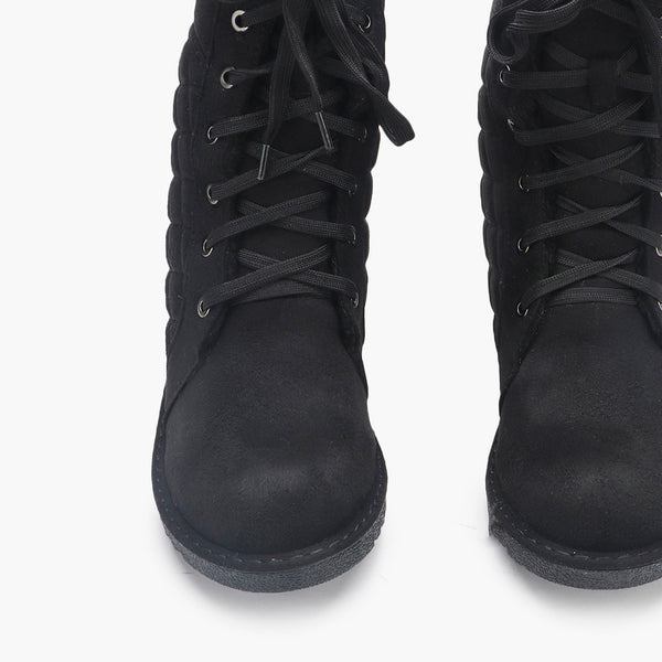 Quilted Lace Up Suede Boots black front zoom