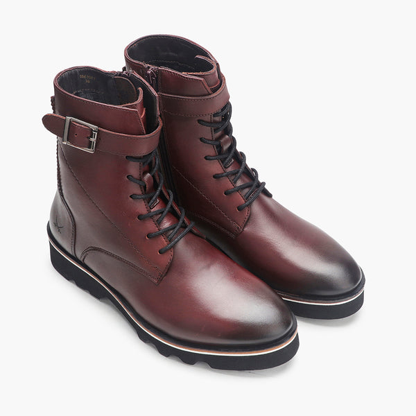 Casual Lace Up Zipper Boot maroon side angle