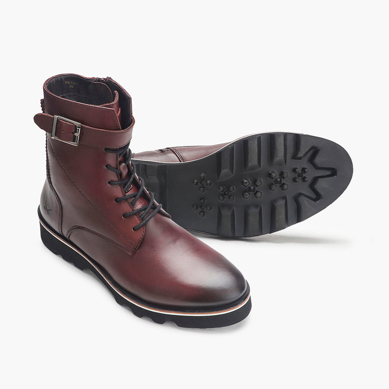 Casual Lace Up Zipper Boot maroon side and sole
