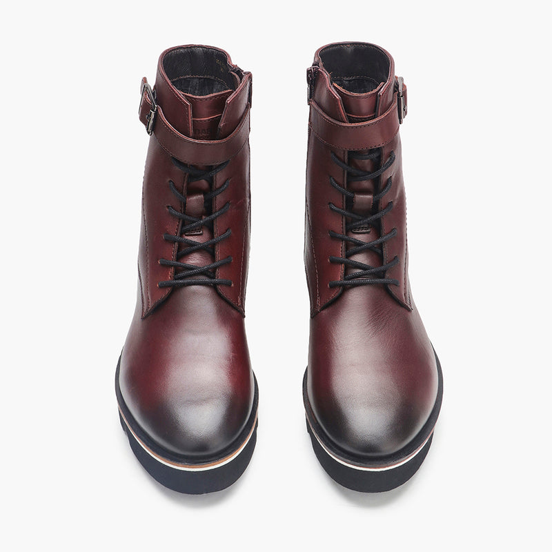 Casual Lace Up Zipper Boot maroon front