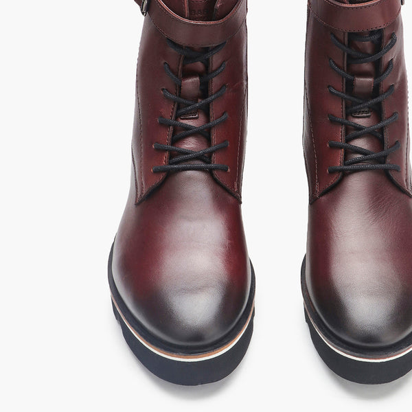 Casual Lace Up Zipper Boot maroon front angle