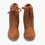 Quilted Lace Up Suede Boots brown front angle