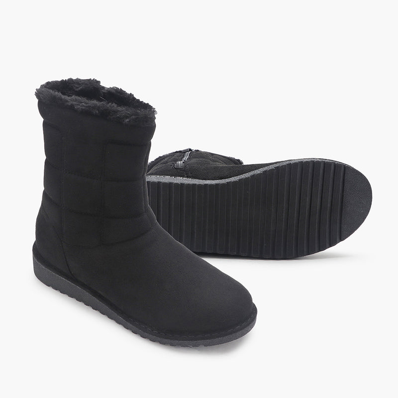 Fur Top Zipper Suede Boots black side and sole