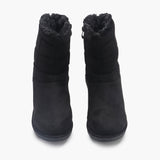 Fur Top Zipper Suede Boots black front