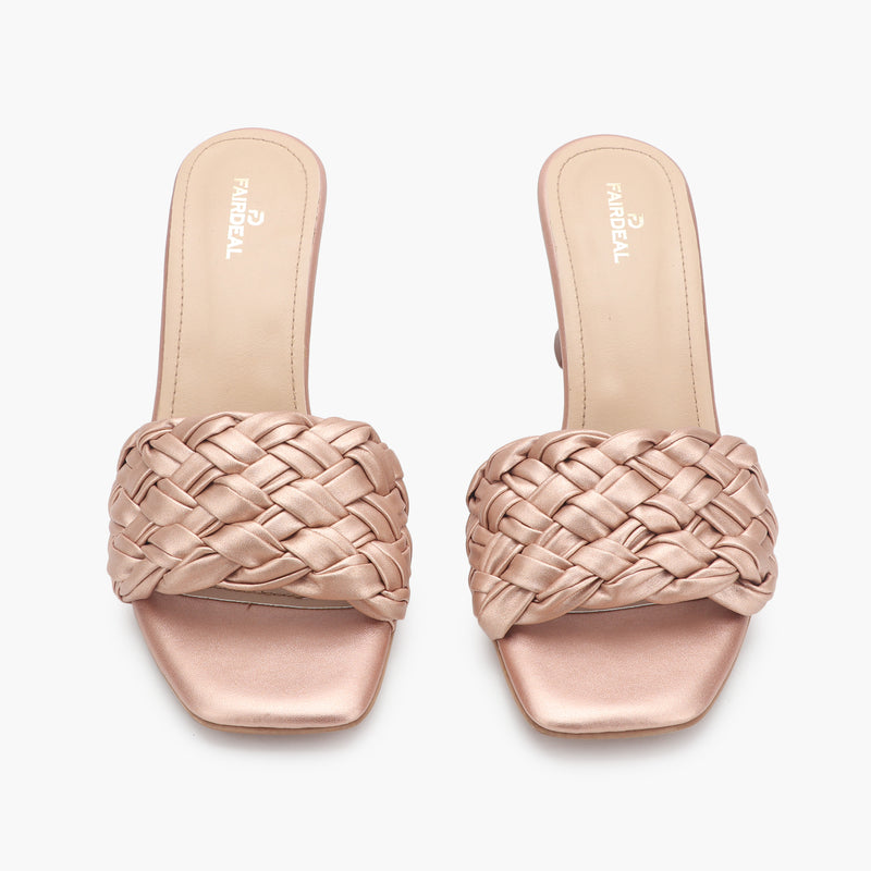 Braided Slip On heels rose gold front angle