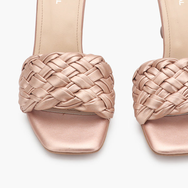 Braided Slip On heels rose gold front angle zoomed in