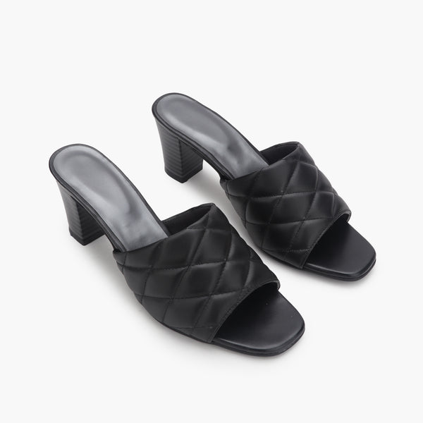 Quilted Block Heel Slides black side angle