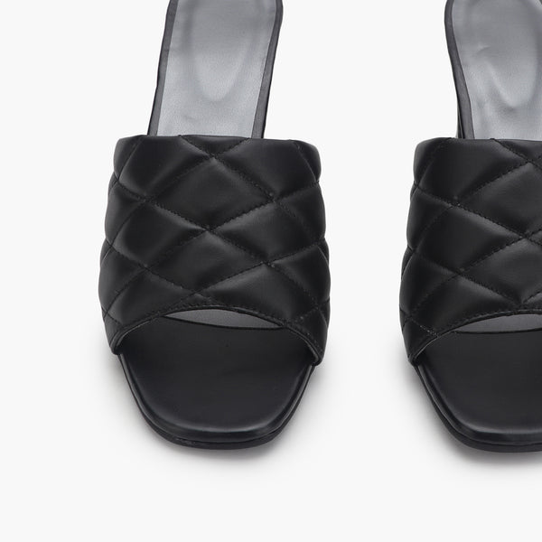 Quilted Block Heel Slides black front zoom