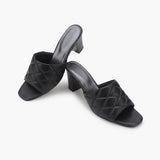 Quilted Block Heel Slides black