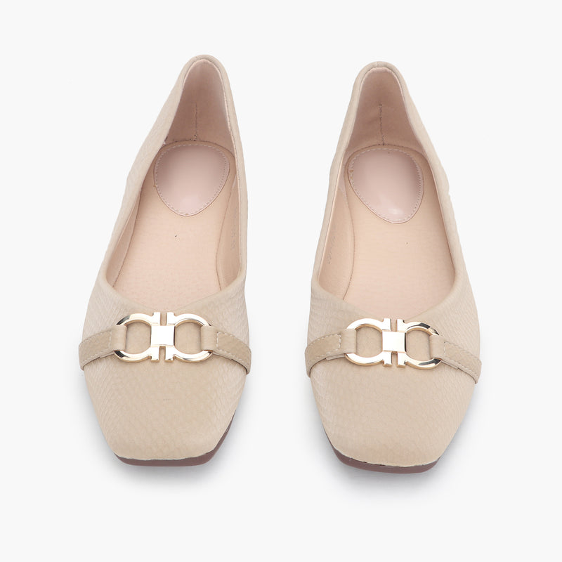 Snake Texture Buckled Ballerinas beige front angle