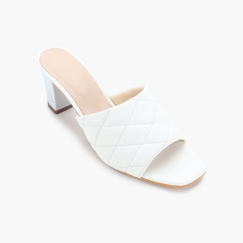 Quilted Block Heel Slides white side single