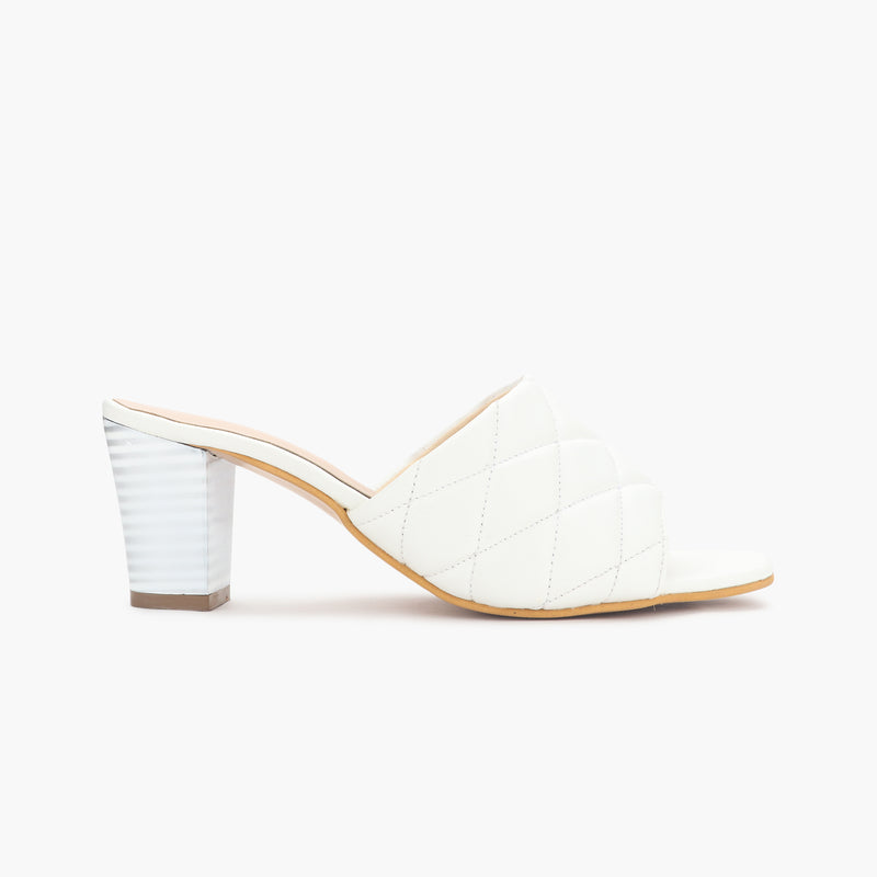 Quilted Block Heel Slides white side profile with heel