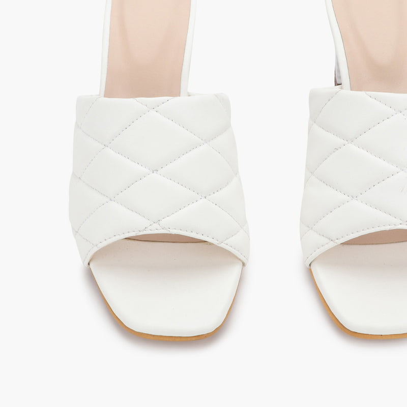 Quilted Block Heel Slides white front zoom