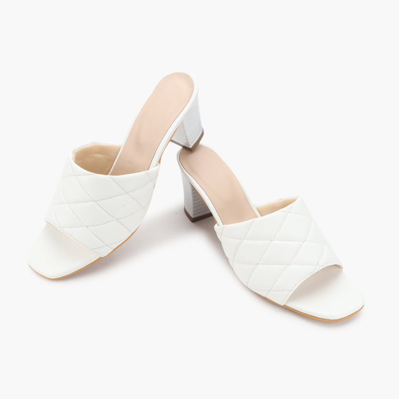 Quilted Block Heel Slides white