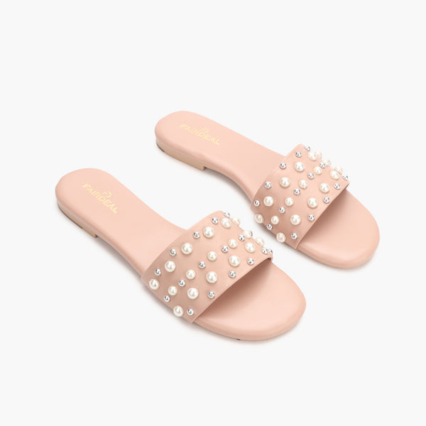 Minimalist Sequential Pearl Slides pink side angle