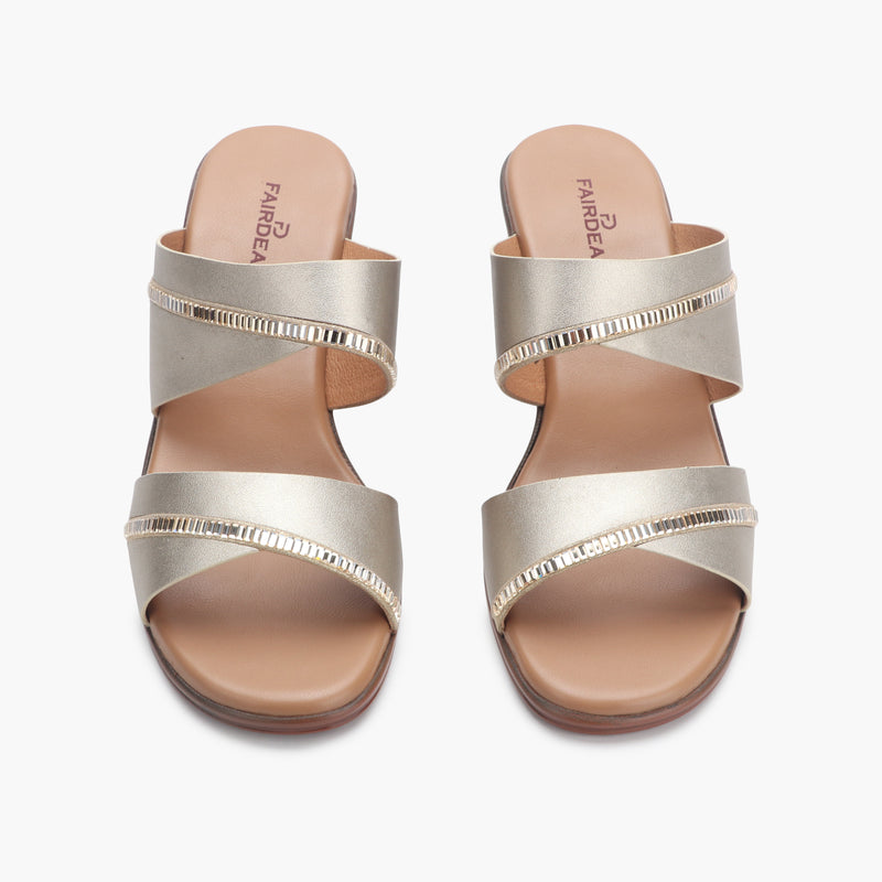 Double Strap Block Heel Sandals gold front