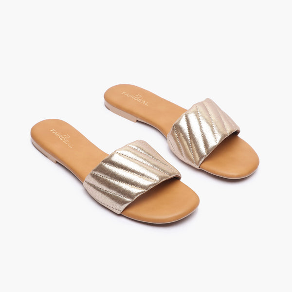 Shimmer Ruched Slides tan side angle