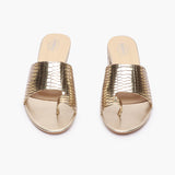 Snakeprint Opentoe Slides gold front angle