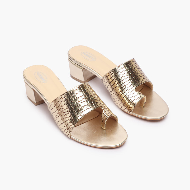 Snakeprint Opentoe Slides gold side angle