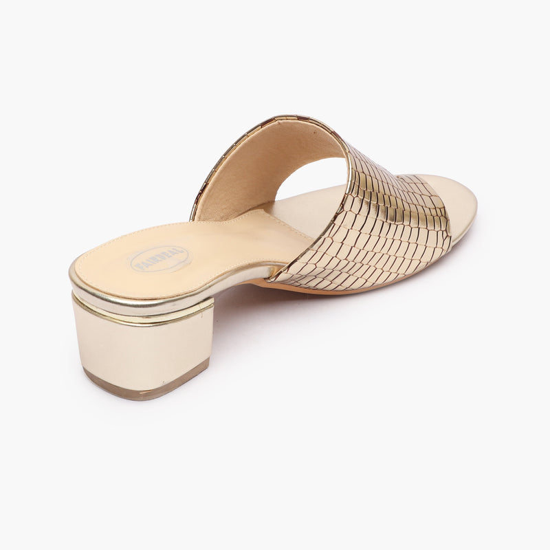 Snakeprint Opentoe Slides gold back angle