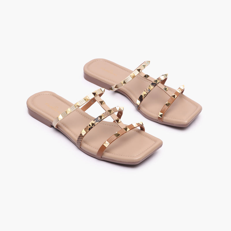 Strappy Studded Flats tan side angle