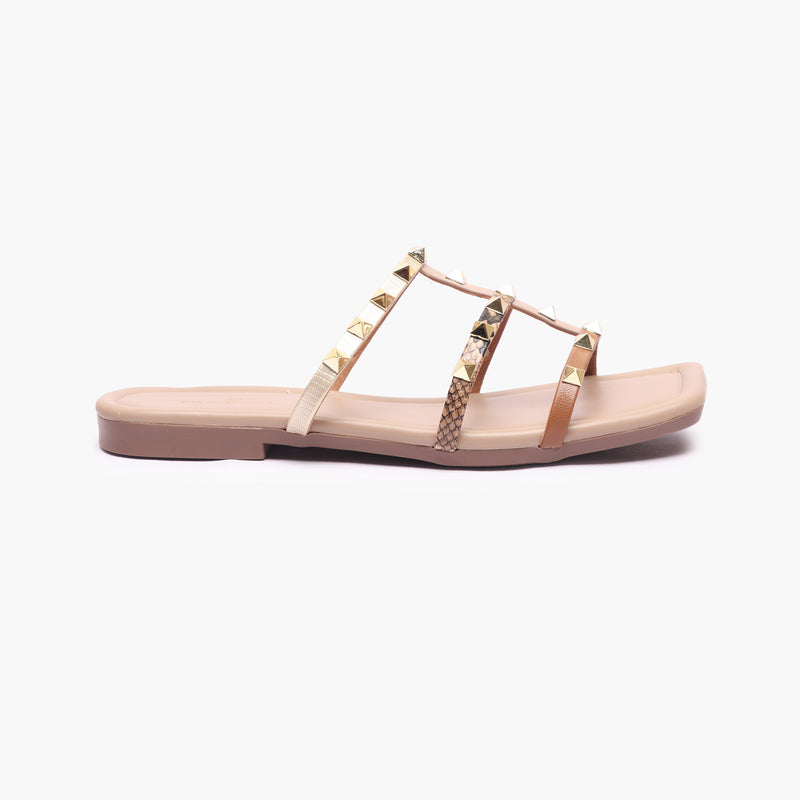 Strappy Studded Flats tan side profile