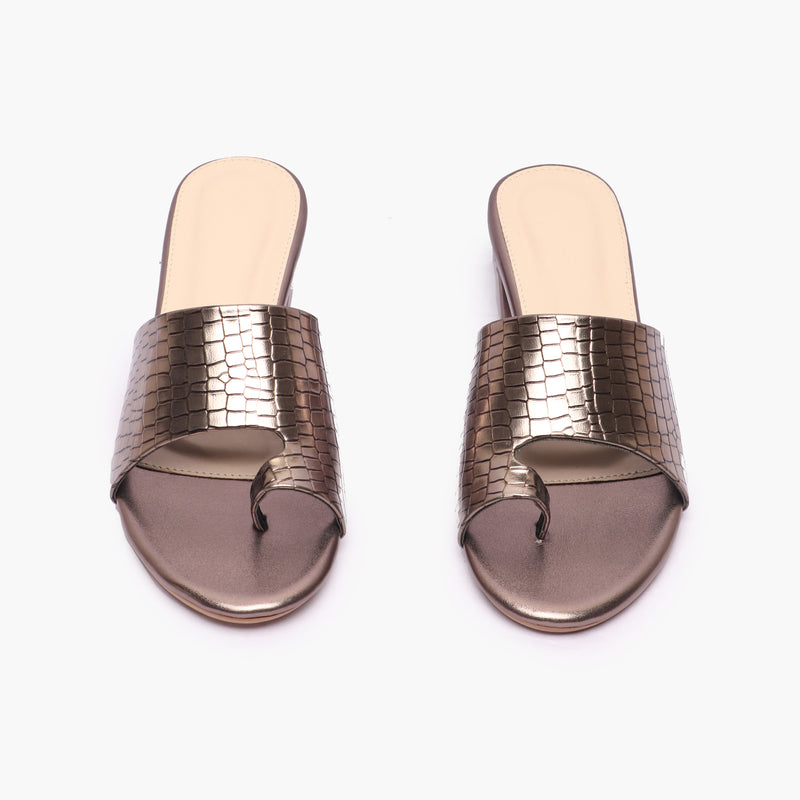 Snakeprint Opentoe Slides metallic front angle