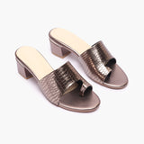 Snakeprint Opentoe Slides metallic side angle