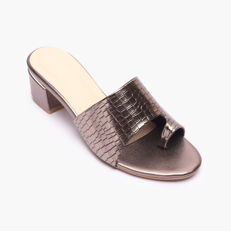 Snakeprint Opentoe Slides metallic side single